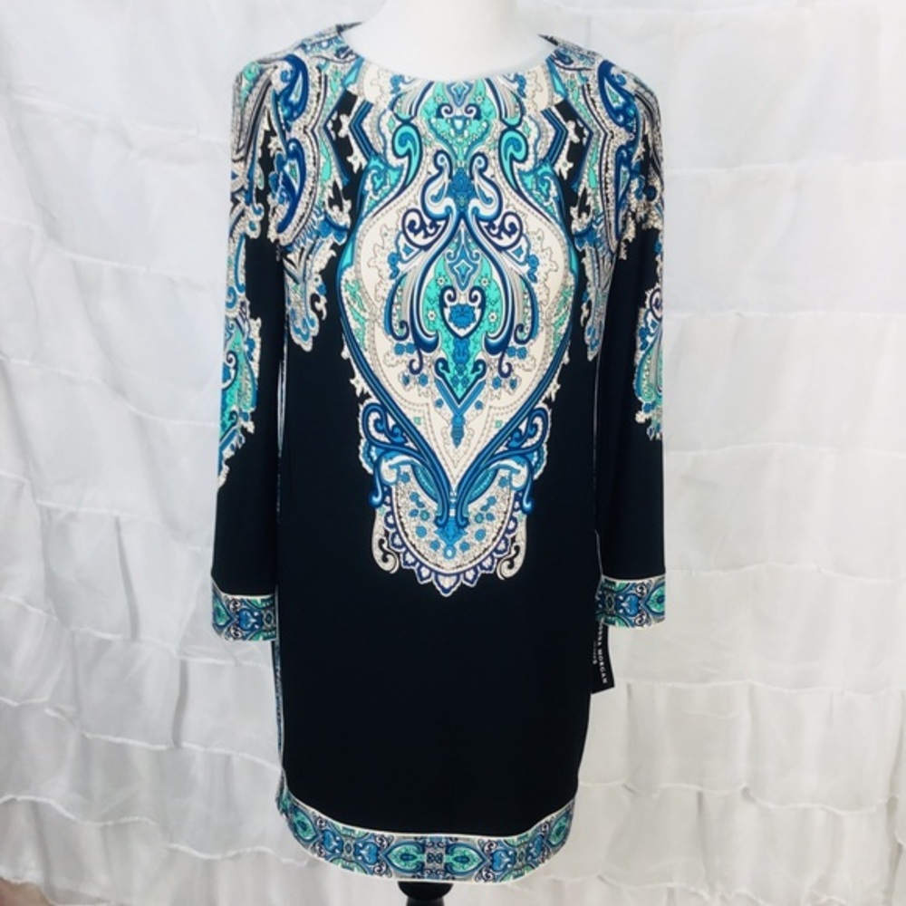 NWT Donna Morgan Black Print Paisley Shift‎ Dress Womens Size 8P Multicolored